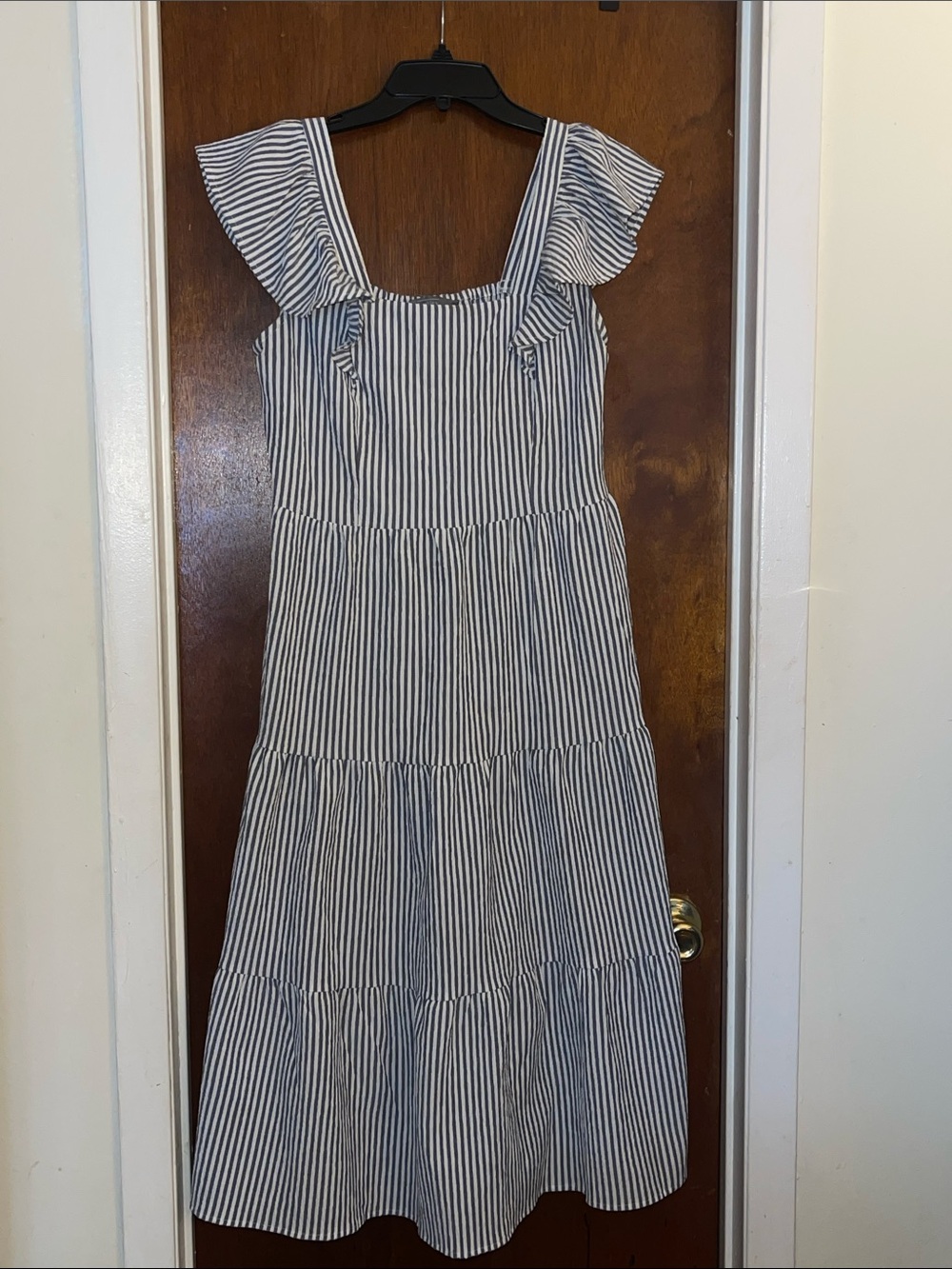 Blue and White Striped Tiered Midi Dress with Flutter Straps